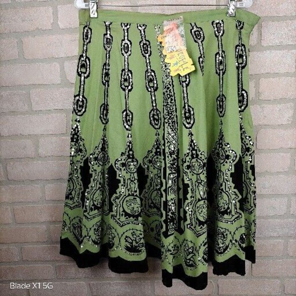 NWT Funky People 90’s Y2k Boho Flare Skirt Green Black XL Rhinestone